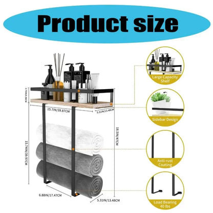 Wood and Iron Bathroom Shelf Rectangle Shape Rust Proof Shower Shelf Large Capacity Space Saving Wall Mounted Shelf