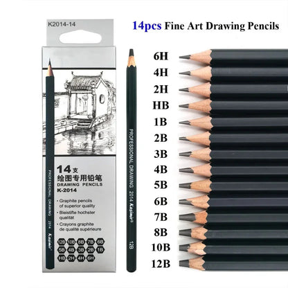 14Pcs/Set Drawing Sketch Pencils Set Wooden Professional Art Supplies HB 2B 6H 4H 2H 3B 4B 5B 6B 10B 12B 1B Painting Stationery