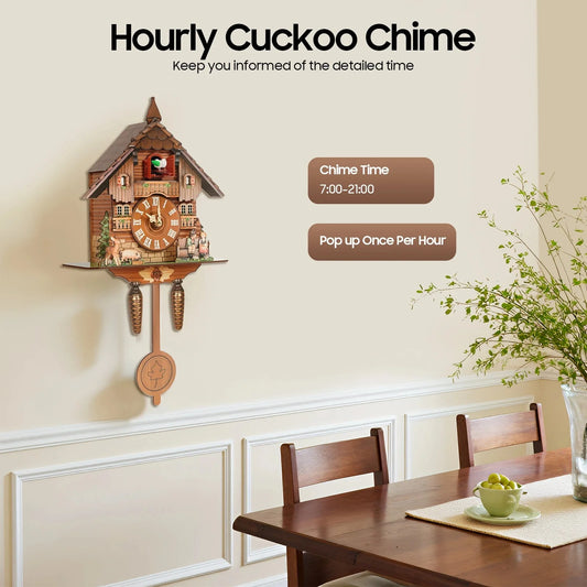 Nordic Style Designed Hanging Handmade Wood Cuckoo Clock w/ Chiming Bird 18"