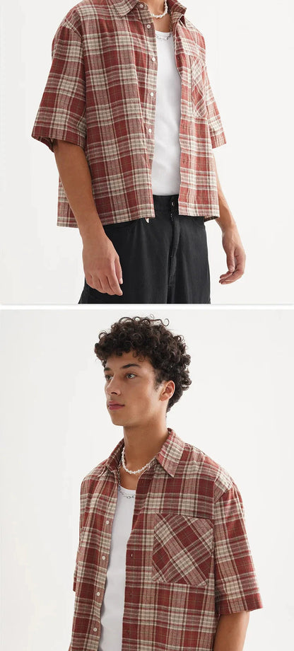 ‌Plaid Short Sleeve Shirt for Men‌ Casual Button Down,Lightweight Breathable Fabric,Trendy Streetwear,Summer Open Front Top