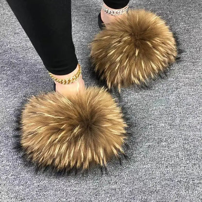 Summer Women Fur Slides Fluffy Furry Slippers Indoor Fuzzy Flip Flops Casual Outdoor Flat Ladies Fur Sandals Plush House Shoes