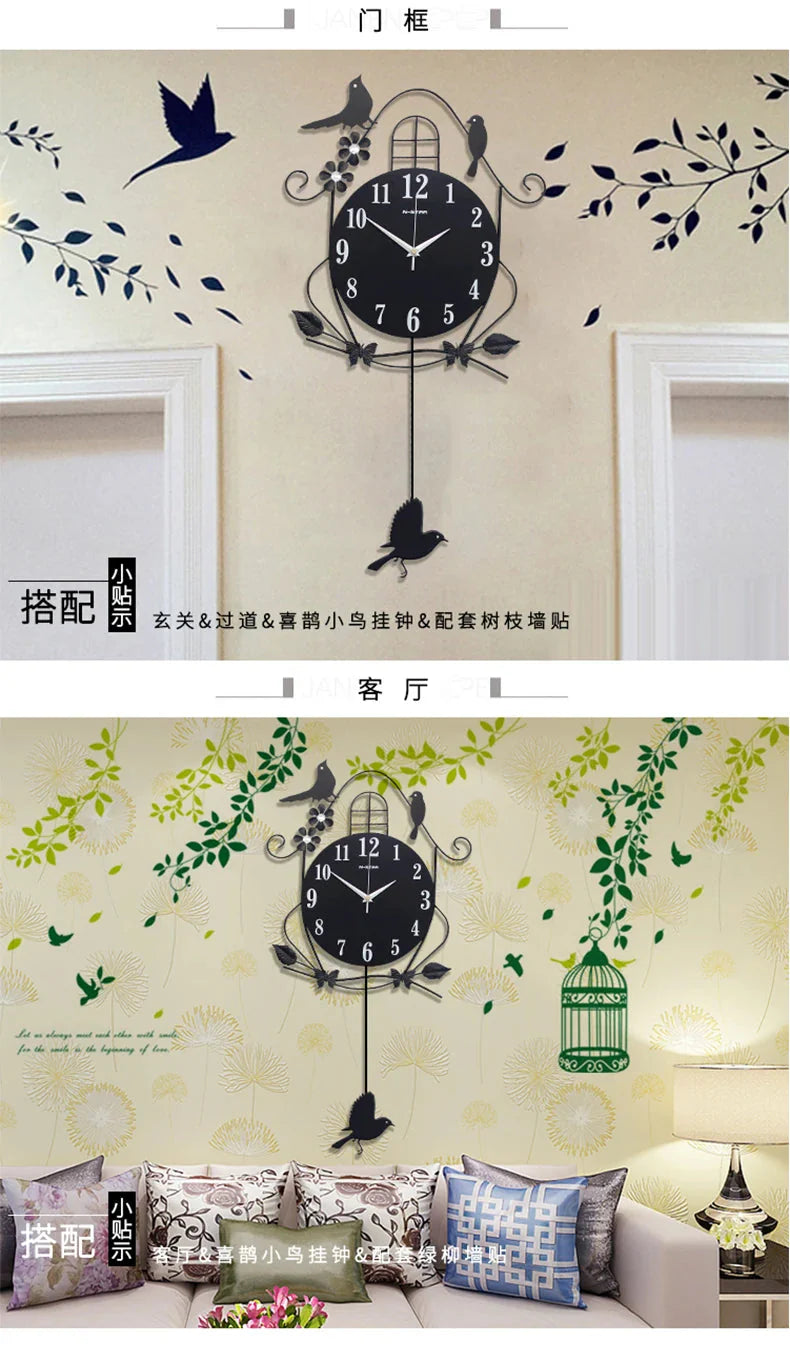Creative Black Iron Swing Hanging Bird Wall Clock, Durable, Electronic, Large, Arts And Crafts, Modern Design