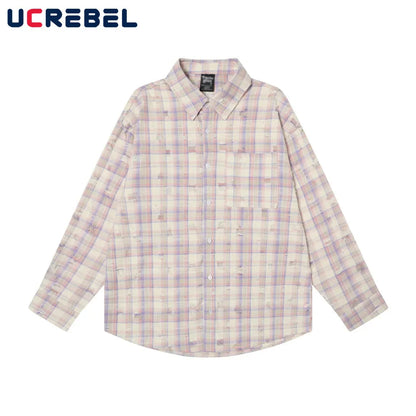 Ripped Plaid Long Sleeve Shirts Mens Pocket Autumn High Street Loose Lapel Single Breasted Checked Shirt Men