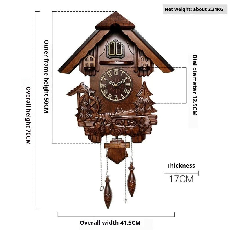 Antique Classic Solid Wood Hand-carved Cuckoo Wall Clock, Children's Music, Hour Announcement Swinging Creative Clock