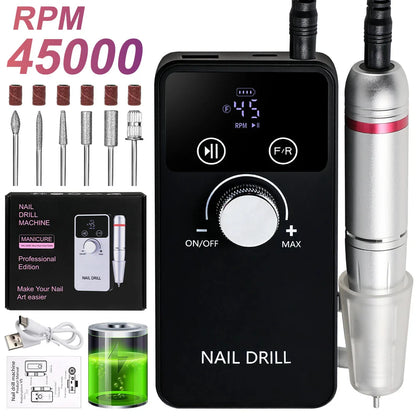 45000RPM Professional Nail Drill Machine Rechargeable Low Noise Electric Nail Drill Sander File for Manicure Gel  Polish Tool