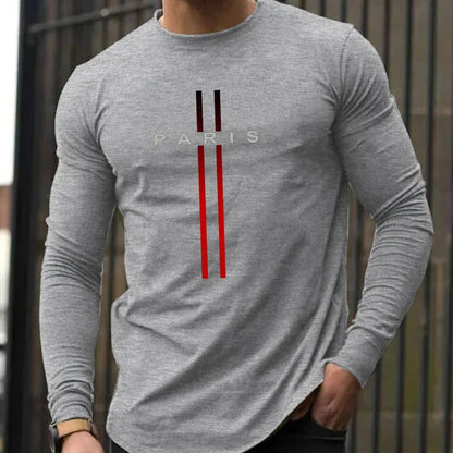 Men's Spring and Autumn 100% Cotton Loose and Comfortable Casual Paris Pattern Printed Round Neck Long Sleeve T-shirt