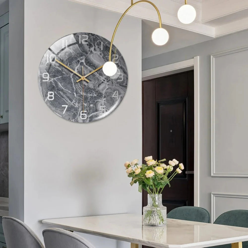 Black Gold Marble Metal Needle Modern Acrylic Round Clock 12"