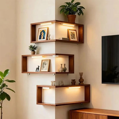 Space Saving 90 Degree Corner Wall Shelf Floating Shelf Suspended Wooden Display Shelf Wall Mounted Corner Bookshelf Home