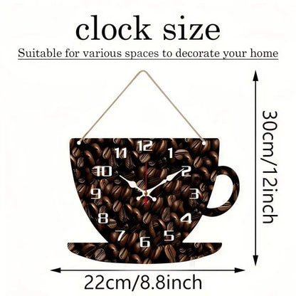 Coffee Cup Shaped Wooden Silent Hanging Wall Clock,Wood Grain Design Suitable For Living Room,Study Room,Bedroom,Home Decoration