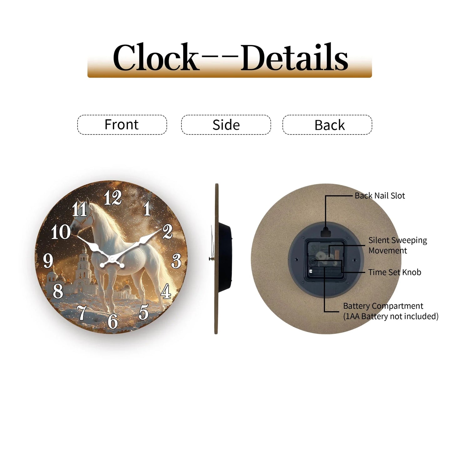 White Horse in Snowy Landscape Round Wall Clock, Ethereal Equine Art Decorative Clock, Dreamy Winter Scene Timepiece for Wall Ar