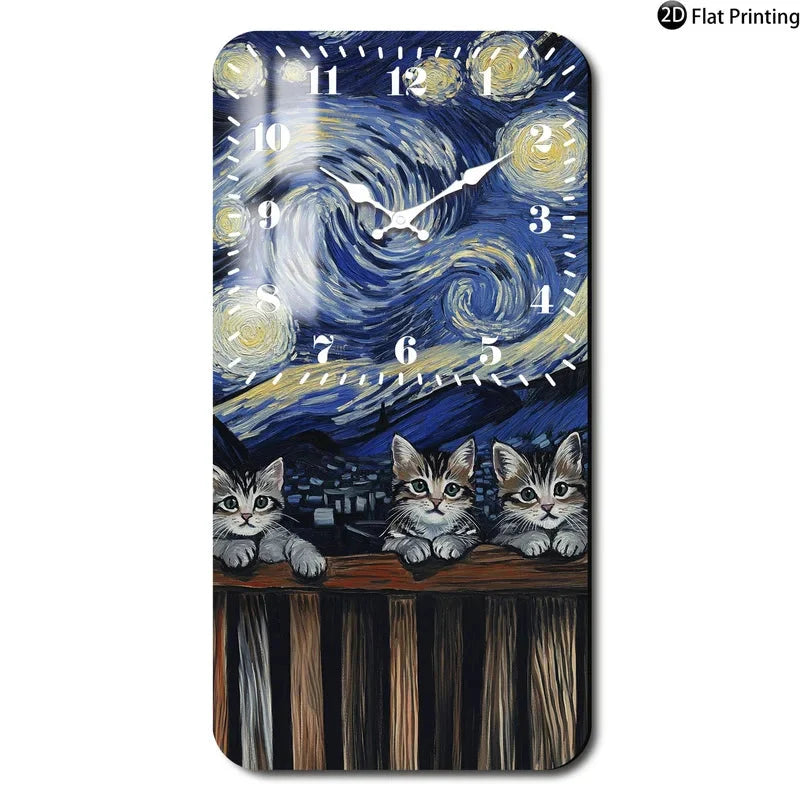 Vintage 2D-Flat Cats with Van Goghs Starry Night backdrop Wooden Silent Quartz Rectangle Wall Clock for Home Idea Holiday Gifts