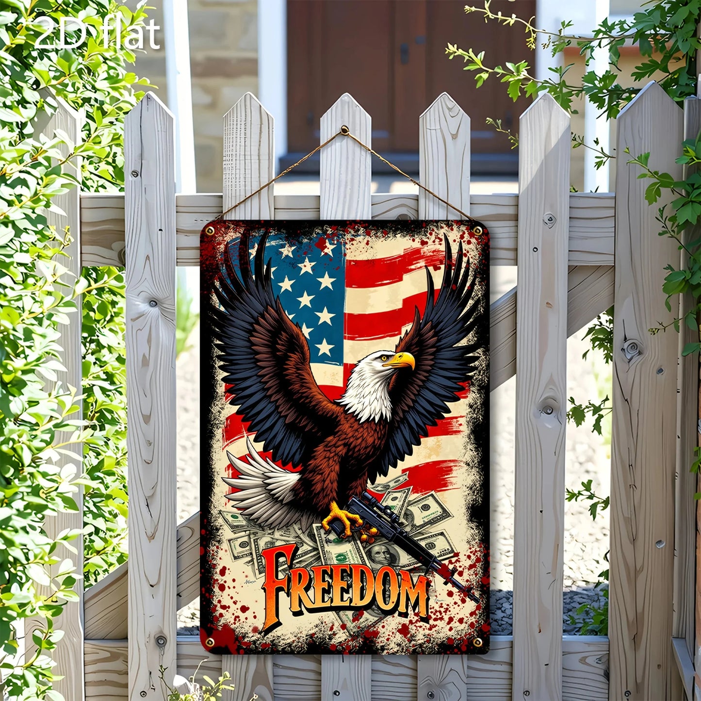 Patriotic Eagle with Guns Metal Wall Art - 8x12 Inch American Flag Design, Durable Iron Sign for Home & Outdoor Decor