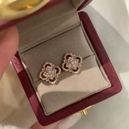 Classic and showy luxury red flower bridal jewelry sets for women exquisite pearl red chalcedony earrings rings necklace