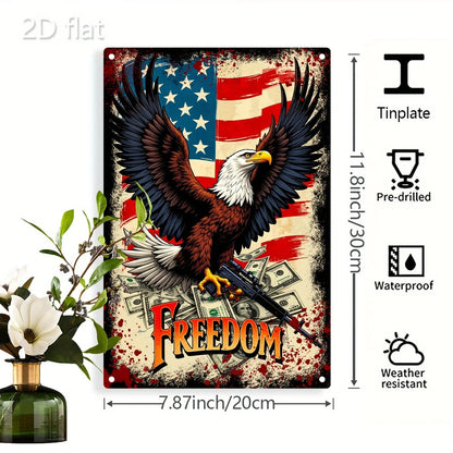 Patriotic Eagle with Guns Metal Wall Art - 8x12 Inch American Flag Design, Durable Iron Sign for Home & Outdoor Decor