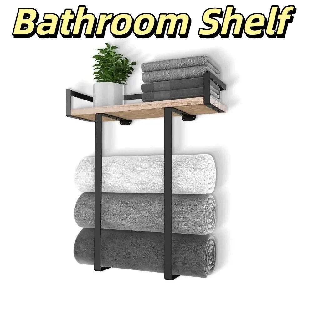 Wood and Iron Bathroom Shelf Rectangle Shape Rust Proof Shower Shelf Large Capacity Space Saving Wall Mounted Shelf