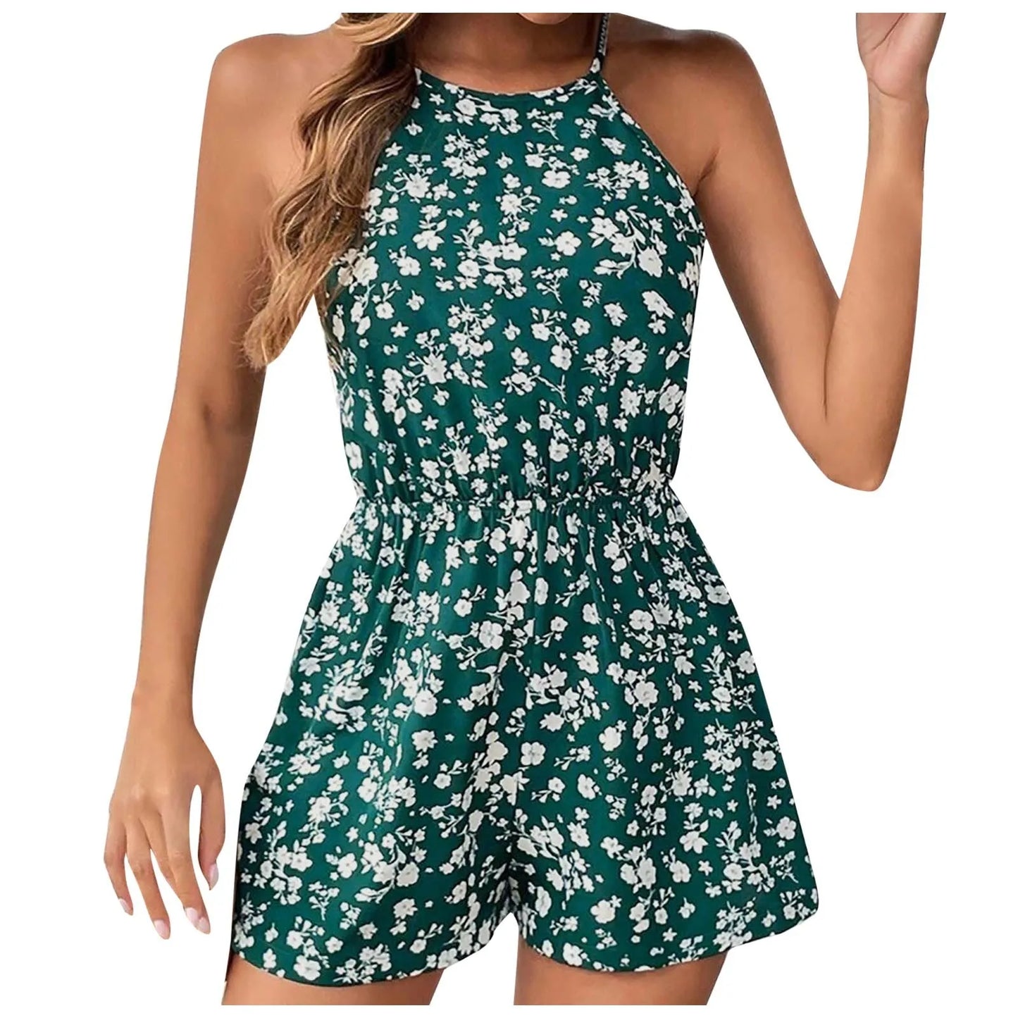 Fashion Women Romper Floral Printed Halter Neck High Waist Sleeveless Jumpsuits Summer Vintage Lace Up Casual Beach Overalls
