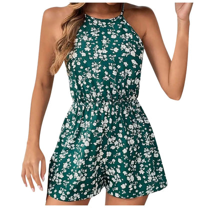 Fashion Women Romper Floral Printed Halter Neck High Waist Sleeveless Jumpsuits Summer Vintage Lace Up Casual Beach Overalls