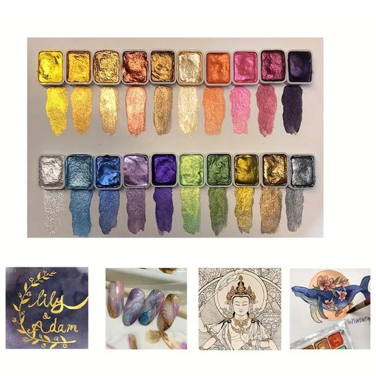 20 Colors Pearlescent Solid Watercolor Painting Set Portable Box Shiny Metal Painting Art Supplies Pigment Palette Drawing Tools