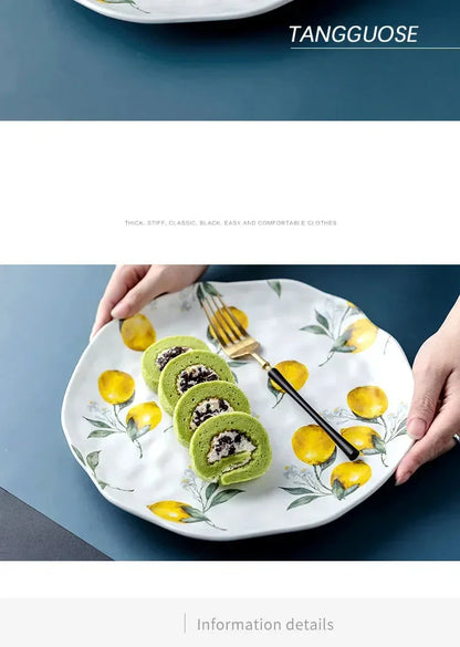 European Ceramic Plate Creative Rural Style Breakfast Bread Plate Hand Drawn Lemon Desktop Fruit Salad Plates Kitchen Tableware