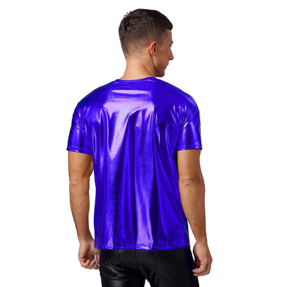 Mens Dance Shirts Tops Party Performance 80s Clothes Metallic Shiny Short Sleeve Round Neck T-shirt for Club Show Role Play