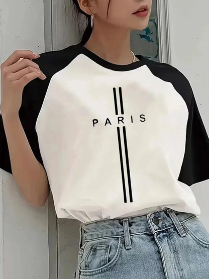 Women's Paris France Letter Print Crew Neck Short Sleeve T Shirt 90s Y2k Korean Style Tee Tops Casual Graphic T-Shirt Clothing
