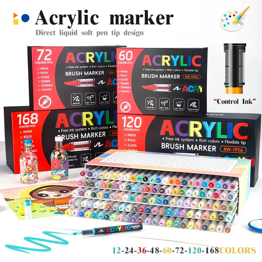 12-168 Colors Acrylic Paint Pen Marker Brush Tip Paint Marker For Rock Painting Wood Canvas Stone Christmas Gift DIY Craft