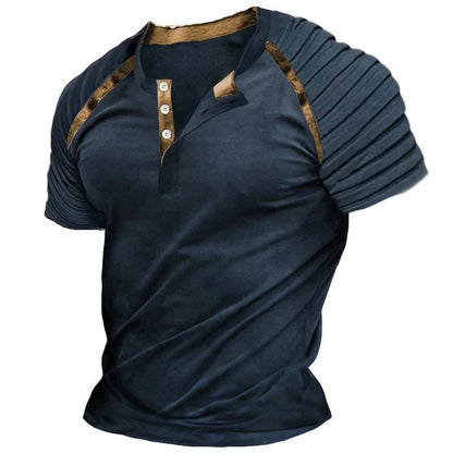 2024 Spring Summer Casual Mens T Shirts Short-sleeved Pleated Buttoned Tops Men Vintage Patchwork Striped T-shirt