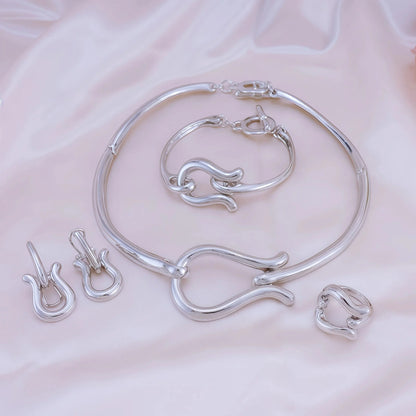 Fashion Jewelry Sets For Women Gold Color Choker Necklace Earrings Bracelets Ring Wedding Set Party Accessories