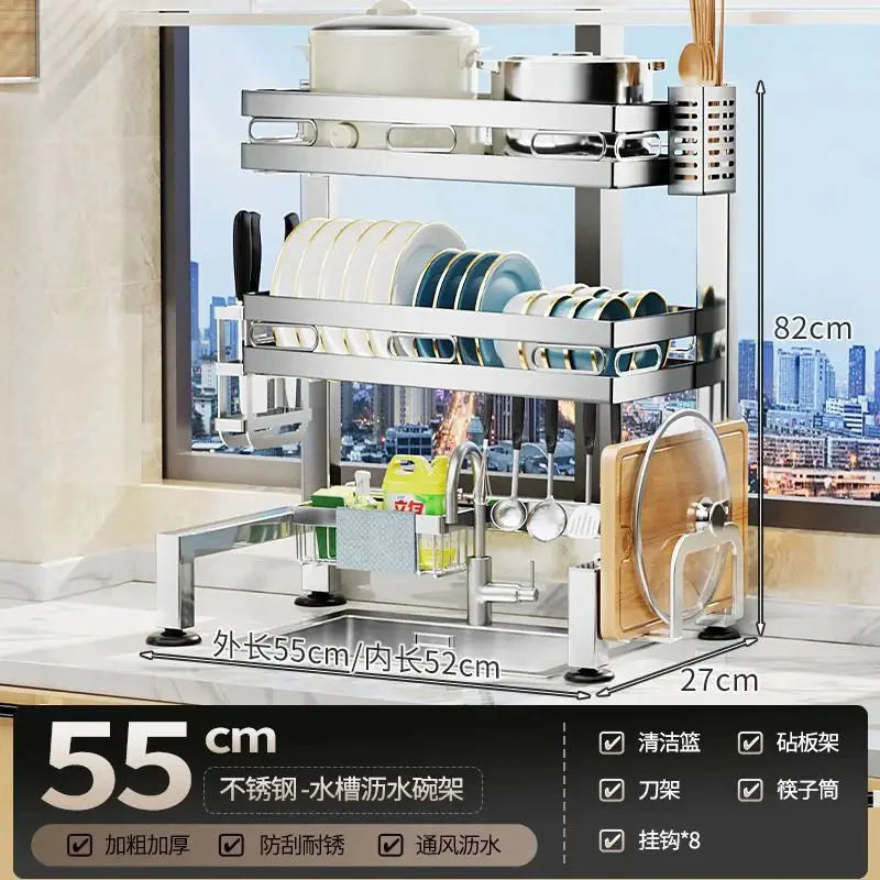 Stainless Steel Sink Shelf Bowl Drain Rack Kitchen Storage Rack Multifunctional Dish Cutlery Knife Spoon Sink Rack Set Organizer