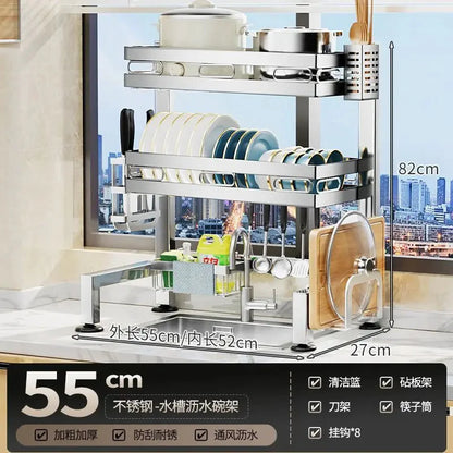 Stainless Steel Sink Shelf Bowl Drain Rack Kitchen Storage Rack Multifunctional Dish Cutlery Knife Spoon Sink Rack Set Organizer