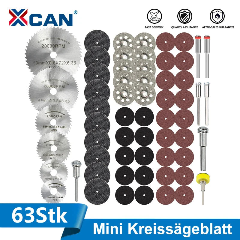 XCAN 63pcs Cutting Wheel Set Mini HSS Saw Blade,Diamond Saw Blade,Metal Cut off Disc  Drill 1/8" Mandrel for Dremel Rotary Tool