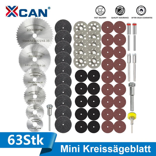 XCAN 63pcs Cutting Wheel Set Mini HSS Saw Blade,Diamond Saw Blade,Metal Cut off Disc  Drill 1/8" Mandrel for Dremel Rotary Tool