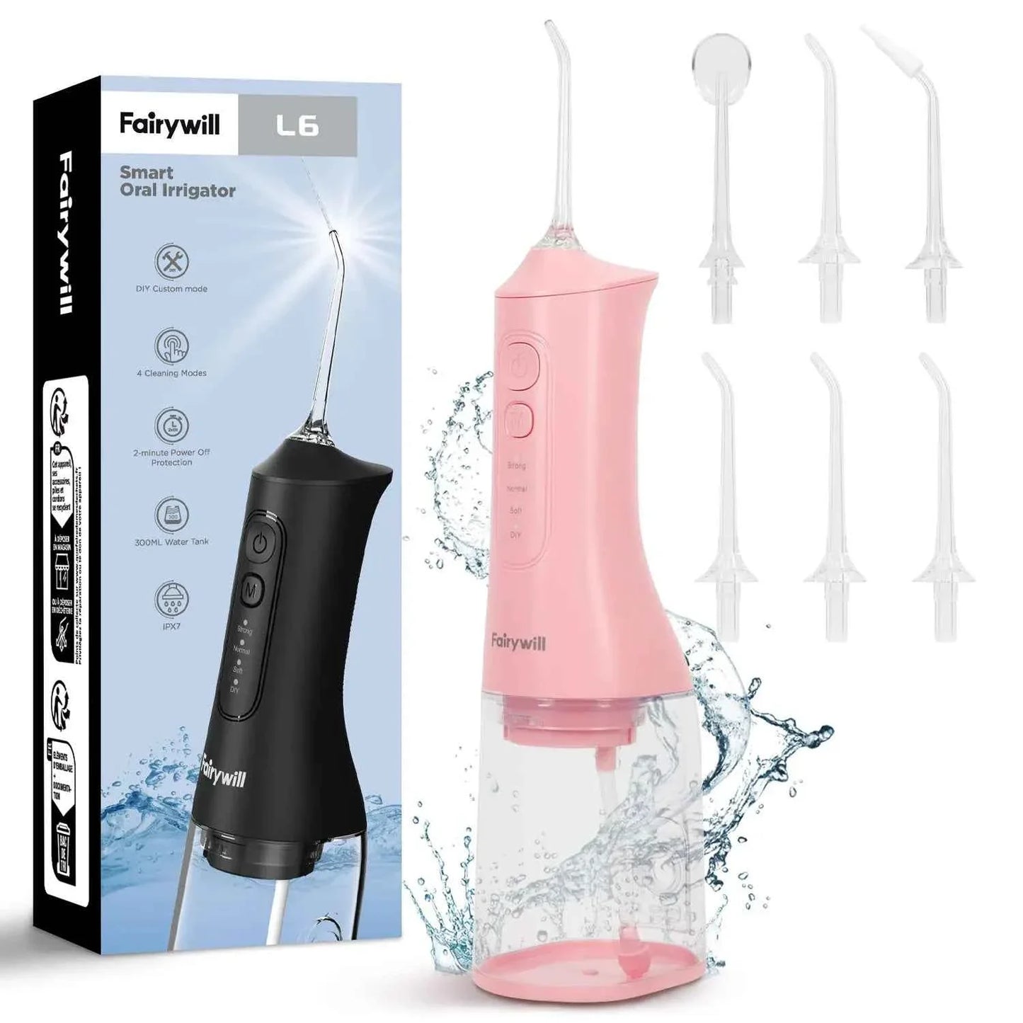 Fairywill Portable Oral Irrigator - 300ML Cordless Water Flosser with 6 Jet Nozzles