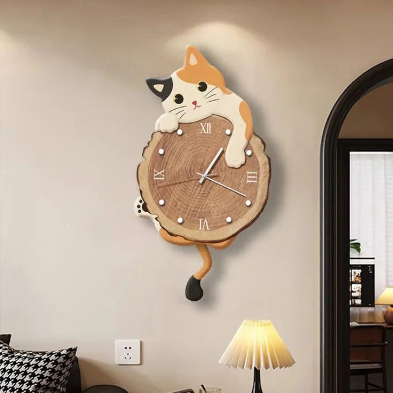 Cartoon Cat Wall Clock Creative Cat Tail Swing Wall Clock Quartz Mute Wall Clock Home Decoration Living Room Bedroom Decoration