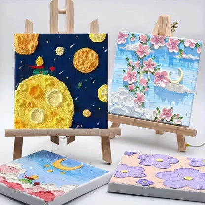 1 set of painting kit, 1 drawing board, 1 easel, 2 pens, 6 colors of paint, 1 palette, mini drawing board, acrylic paint