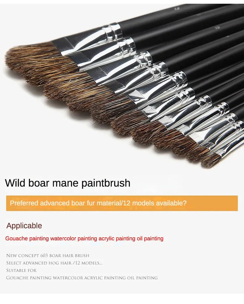 6pc new concept paintbrush wild boar mane oil painting brush water powder acrylic nail round head long black pole paintbrush set