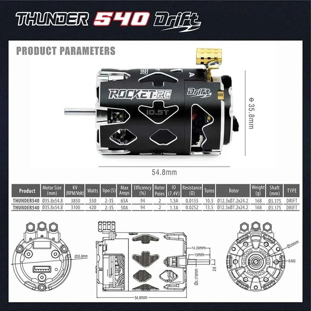Rocket-RC Thunder 540 Sensored Brushless Motor 10.5T 13.5T 2-3S 3.175 mm Shaft for 1/10 RC Racing Drift Car Parts Surpass Hobby
