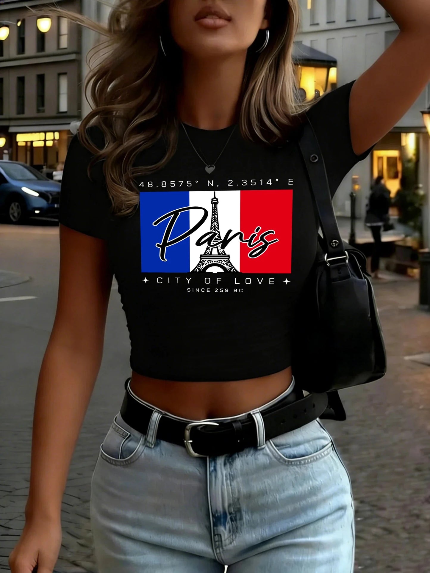 Paris City Of Love Since 259 Art Letter Print Women T Shirt Summer Short Sleeve Hip Hop Crewneck Clothes Slim Yoga Crop T-Shirts