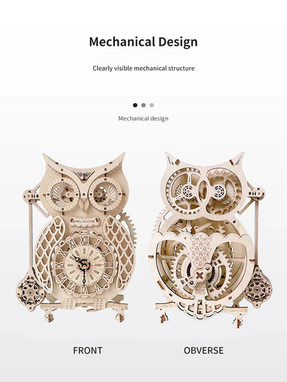 Wooden Puzzle 3D Owl Clock Model Building Kits Creative DIY Wall Clock Mechanical Retro Pendulum Clock Assembly Toy for Adults