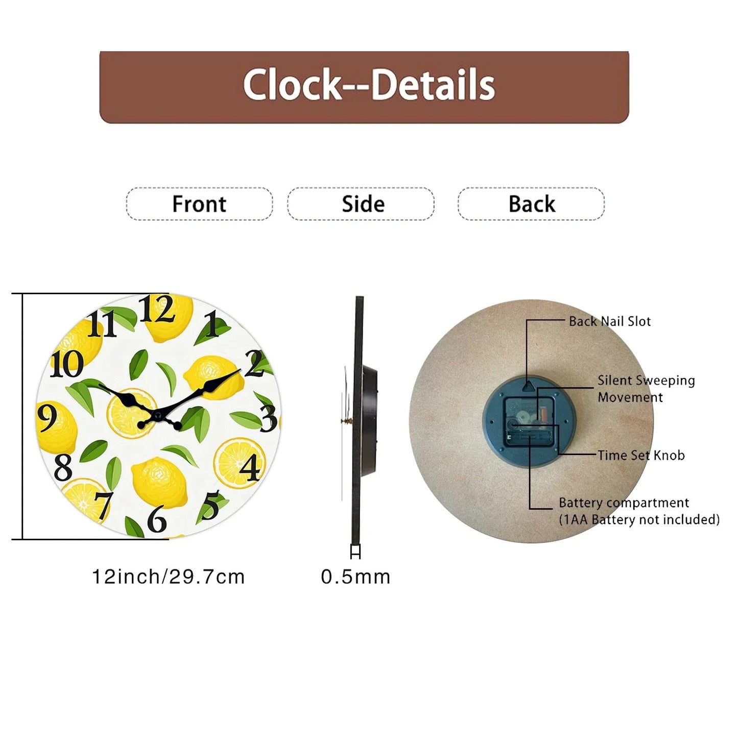 1pc wooden wall clock, yellow lemon and green leaf design wall clock, family mute clock, living room bedroom study decoration