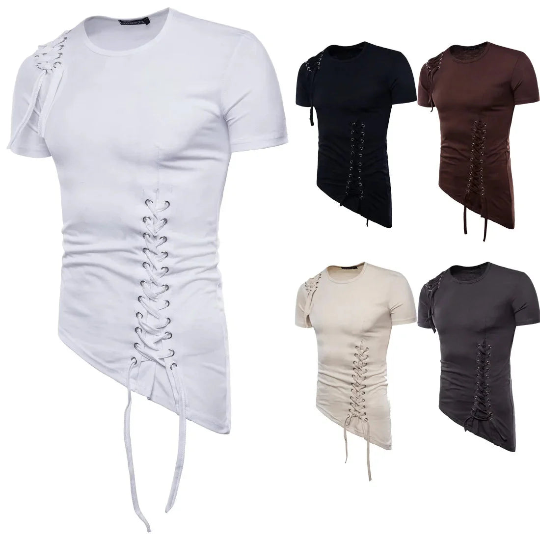 New2026 Men's Summer Short Sleeve T-shirts Trend Irregular Design Lace Up Solid Slim Tees Fashion Gothic Style Casual Shirts Men