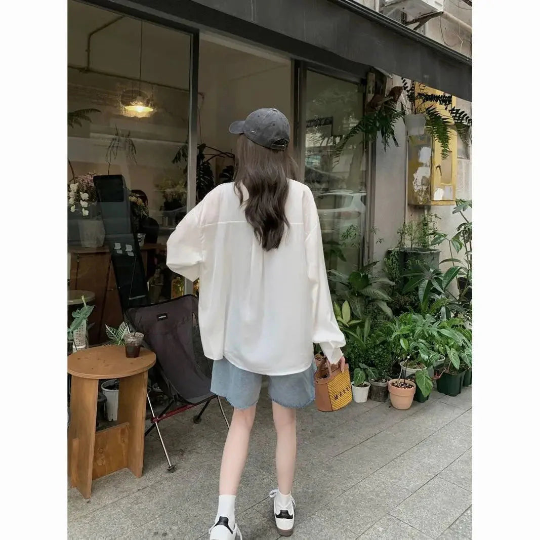 Sunscreen Shirt for Women in Summer New Polo Collar French Unique Loose Solid Color Long-sleeved Top Trendy
