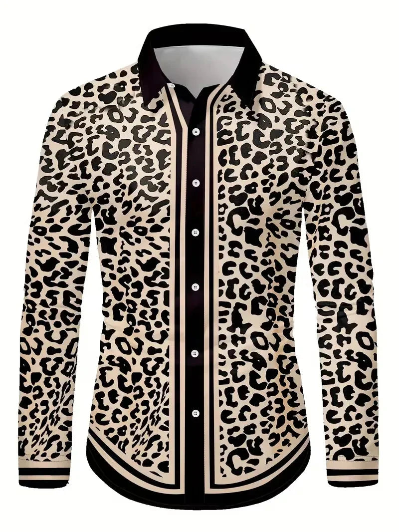 Luxury Floral Leopard Print Button-Down Shirt - Long Sleeve Paisley Business Casual Top
