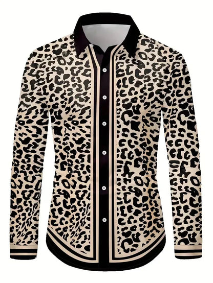 Luxury Floral Leopard Print Button-Down Shirt - Long Sleeve Paisley Business Casual Top