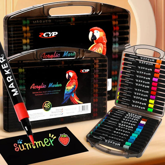 Professional Art Use 24-Color Acrylic Paint Markers, Dual-Tip Fine and Brush Tip Pens, Suitable for Stone, Wood, Calligraphy, Ca