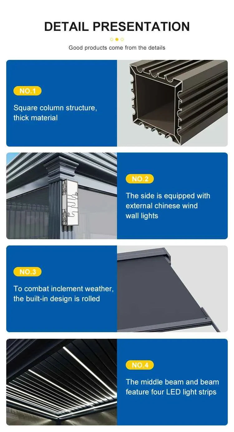 Pergola Electric rainproof garden louver aluminum pergola outdoor gazebo motorized sunshade backyard pergola with roller blinds