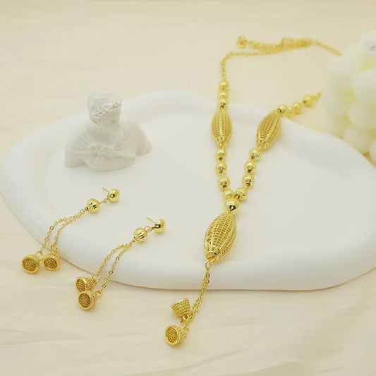 24K gold-plated two-piece jewelry set, Dubai jewelry, India, twisted geometric necklace earrings, bridal party gift