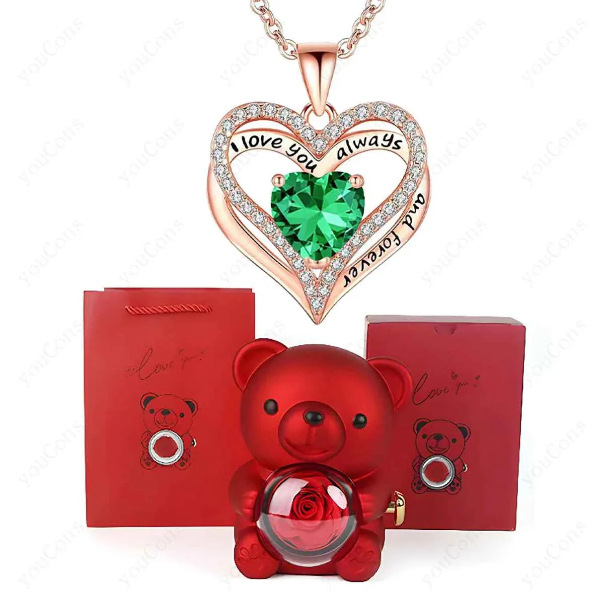 Red Heart Pendant Necklaces With Cute Bear Rose Gift Box For Women Mother Day 2026 Christmas Valentine Wedding Birthday Jewelry