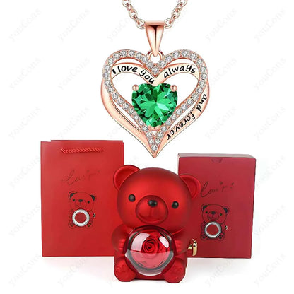Red Heart Pendant Necklaces With Cute Bear Rose Gift Box For Women Mother Day 2026 Christmas Valentine Wedding Birthday Jewelry