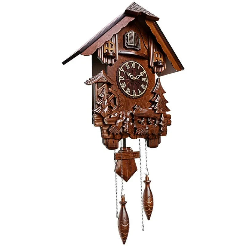 Antique Classic Solid Wood Hand-carved Cuckoo Wall Clock, Children's Music, Hour Announcement Swinging Creative Clock